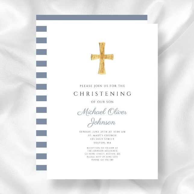 Convite Cruzamento Religioso Blue Stripes Boy Christening (Religious Cross Blue Stripes Boy Christening Invitation)