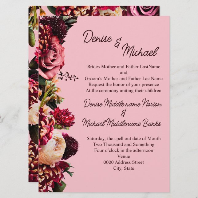 Convite Crysanthemum no Almond Blossom Rosa (Frente/Verso)