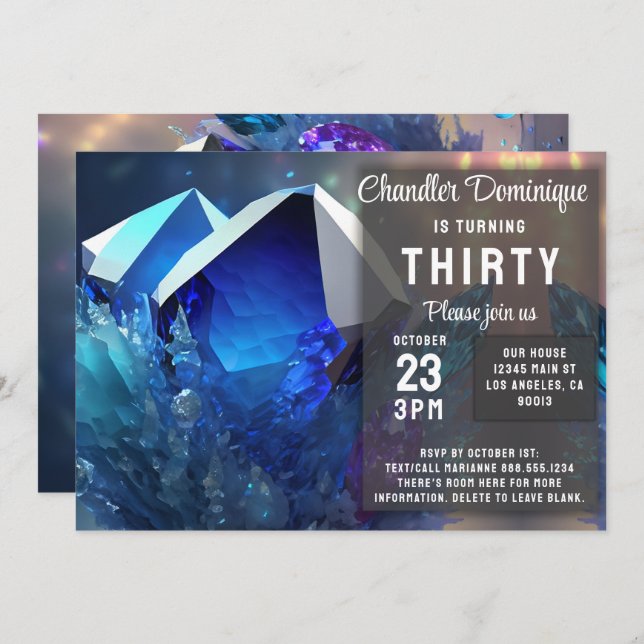 Convite Crystal Gemstone Setembro Virgo Sapphire Aniversár (Frente/Verso)