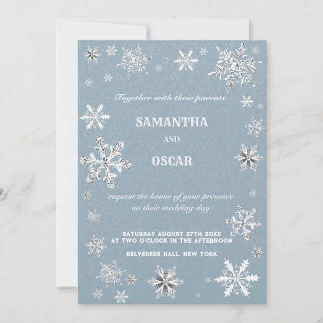 Convite crystale snowflakes blue winter wedding invitation (Frente)