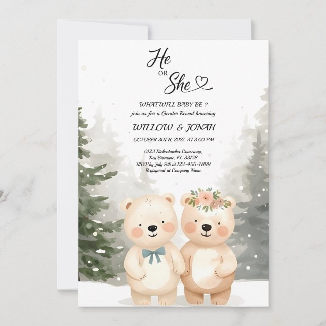 Convite Cub Bear Theme Gender Reveal Party Invitation (Frente)