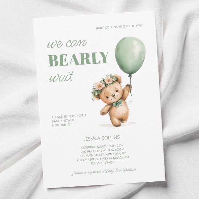 Convite Cub Cub Sage Green Podemos Ampliar Chá de fraldas  (Cute Cub Sage Green We Can Bearly Wait Baby Shower Invitation)