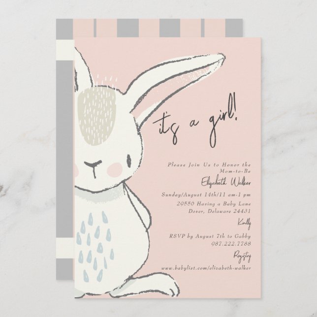 Convite Cubra-o Um Coelho Rosa e Chá de fraldas Cinza (Frente/Verso)