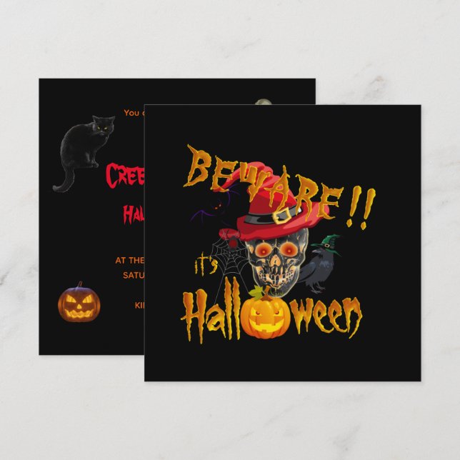 Convite Cuidado é Halloween Festa Assustadora e Assustador (Frente/Verso)