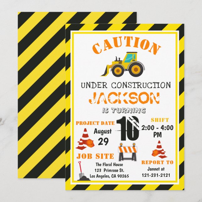 Convite Cuidado sob a descarga da construção o aniversário (Frente/Verso)