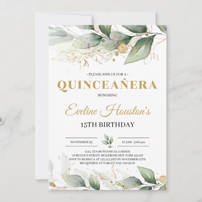 Convite Cultivo e ouro folhas eucalipto quinceanera (Frente)