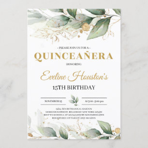 Convite Cultivo e ouro folhas eucalipto quinceanera