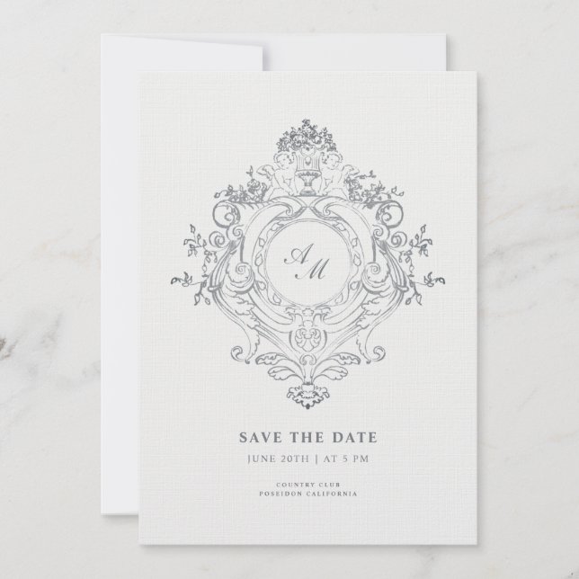 Convite Cume Barroco Elegante Estilo Preto Save the Date (Frente)