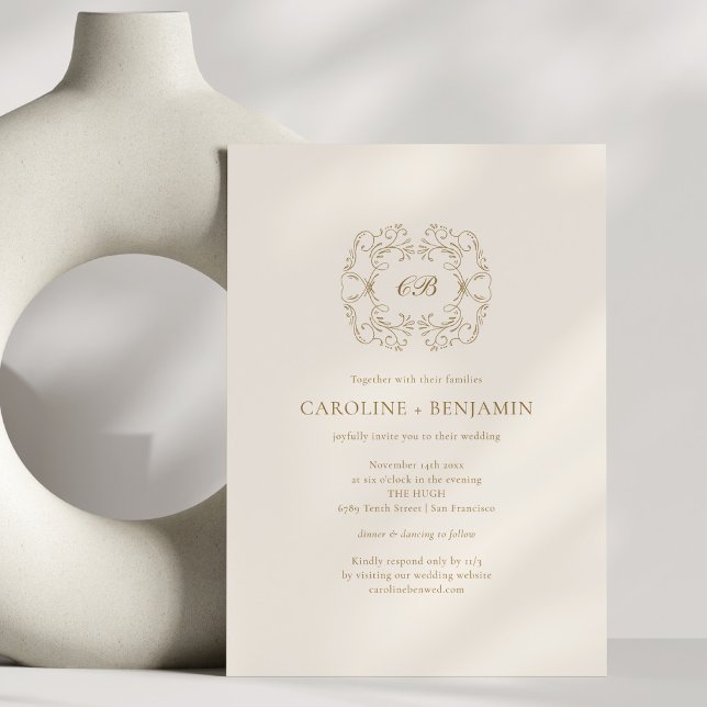 Convite Cume de Casamento em Ouro Antigo Clássico Monogram (Criador carregado)