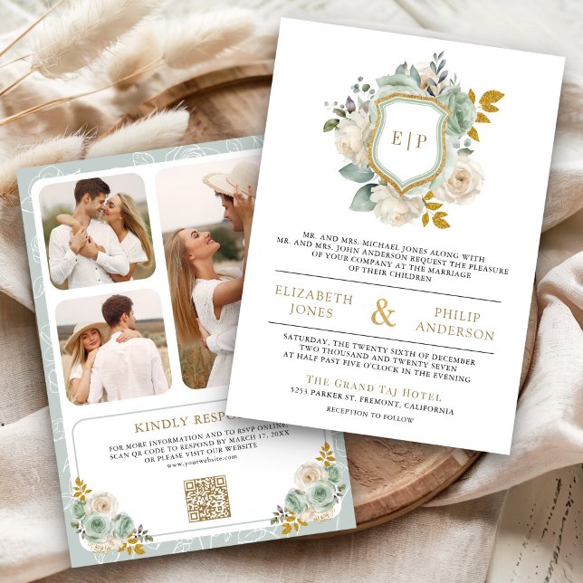 Convite Cume de Casamento Floral Marfim Verde Salvia Códig (Criador carregado)