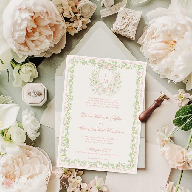 Convite Cume Doce com Laço Rosa | Casamento Monograma (Envelope shown is not the envelope style included, which has a square flap.)