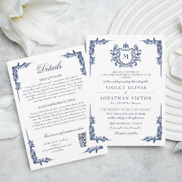 Convite Cume Monograma Vintage Azul com Detalhes para Casa