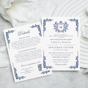 Convite Cume Monograma Vintage Azul com Detalhes para Casa