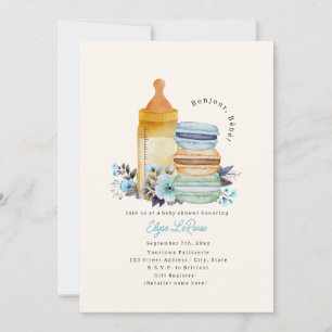 Convite Cumprimentos Bebê Macarons Leite Floral Azul Chã d