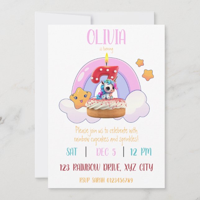 Convite Cupcake 7 Rainbow Unicorn (Frente)