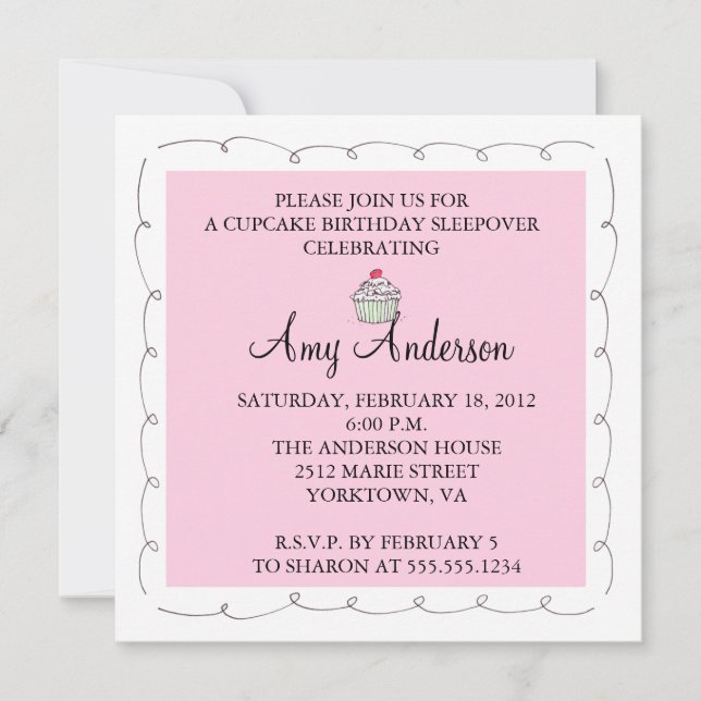 Convite Cupcake Aniversário Sleepover! (Frente)