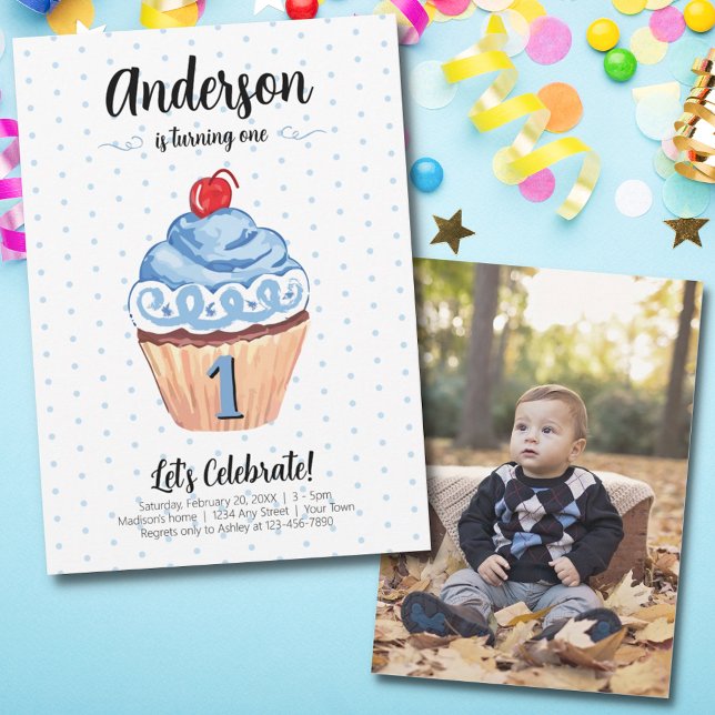 Convite Cupcake Blue Boy Photo primeiro aniversario Party (Criador carregado)