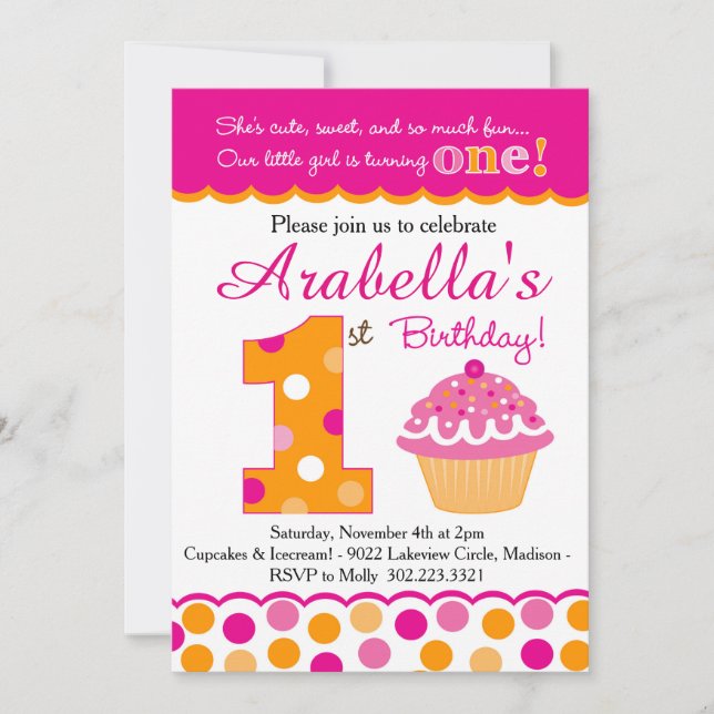 Convite Cupcake Cutie Pie (Rosa e Laranja) Primeiro Aniver (Frente)