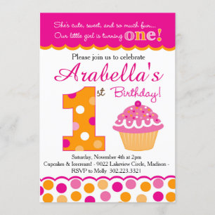 Convite Cupcake Cutie Pie (Rosa e Laranja) Primeiro Aniver