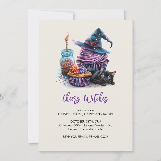 Convite Cupcake de bruxa e gato preto, Halloween (Frente)