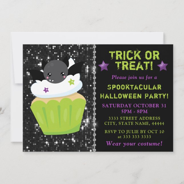 Convite Cupcake de Halloween de Morcego Fofo Festa Infanti (Frente)