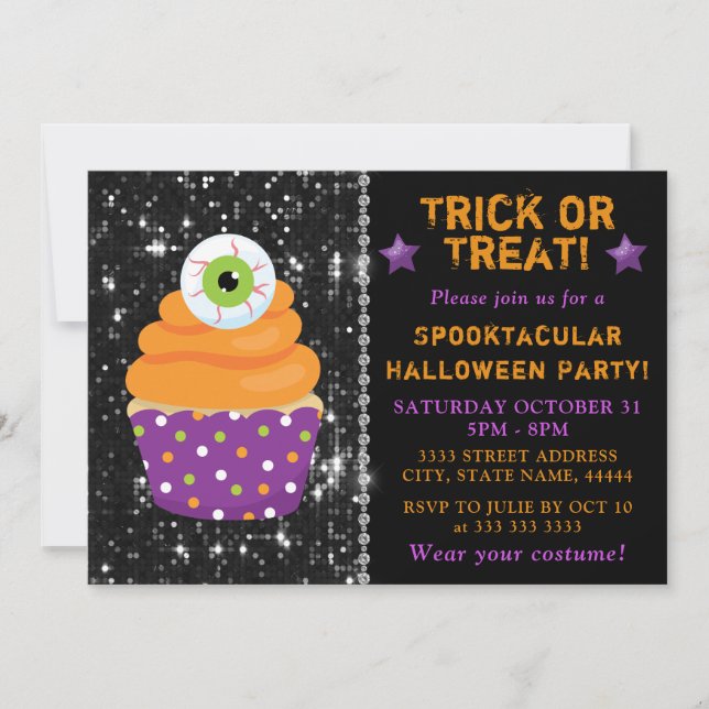 Convite Cupcake de Halloween de Olhinho Bonito Festa Infan (Frente)