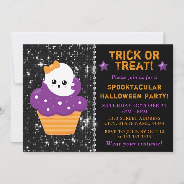 Convite Cupcake de Halloween Festa Infantil Fantasminha Fo (Frente)