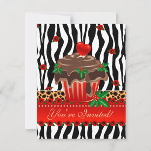 Convite Cupcake de Natal Zebra Leopard Heart Holly