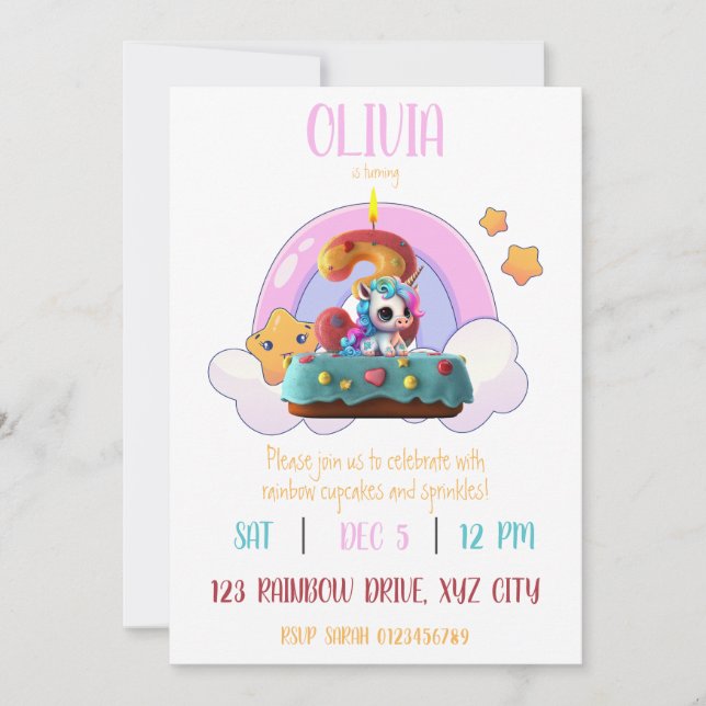 Convite Cupcake do partido Rainbow Unicorn aniversário de  (Frente)