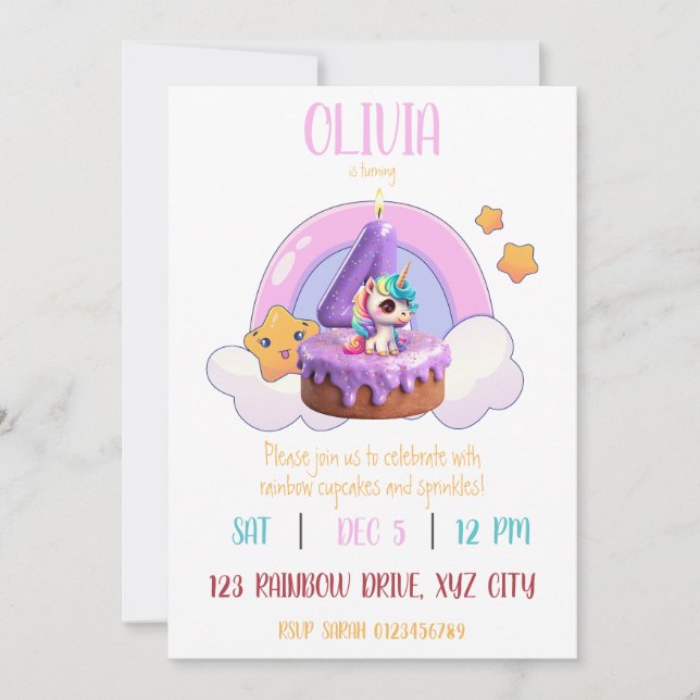 Convite Cupcake do Rainbow Unicorn 4º aniversário do Parti (Frente)