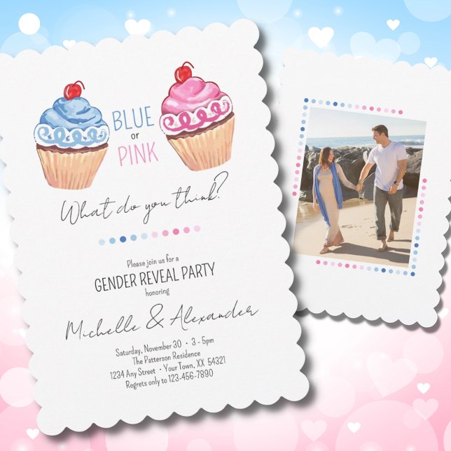 Convite Cupcake Gênero Revele Blue Pink Classy Party (Criador carregado)