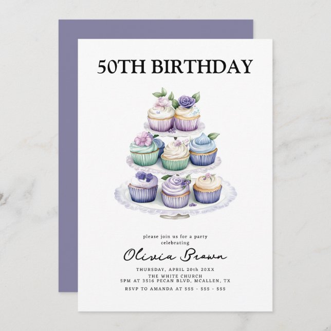 Convite Cupcake Tea Party 50ª Festa de aniversário (Frente/Verso)