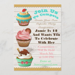 Convite Cupcake Wars Assar Fora do Aniversário White Woode
