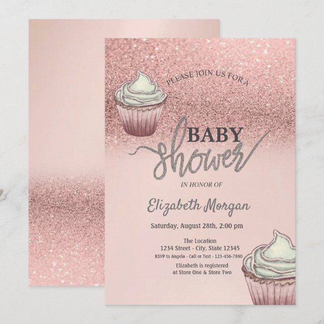 Convite Cupcakes Bokeh Dourado Rosa (Frente/Verso)