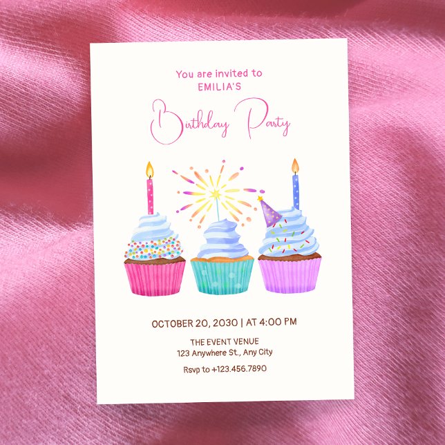 Convite Cupcakes de aniversário aquarela (Criador carregado)
