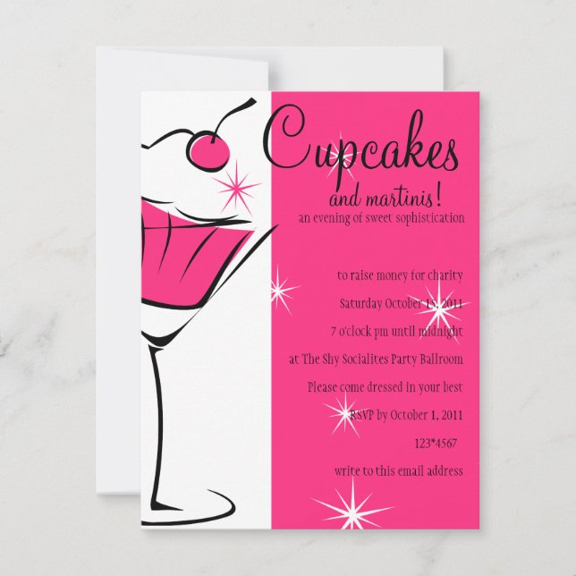 Convite Cupcakes e Martinis no rosa-quente (Frente)