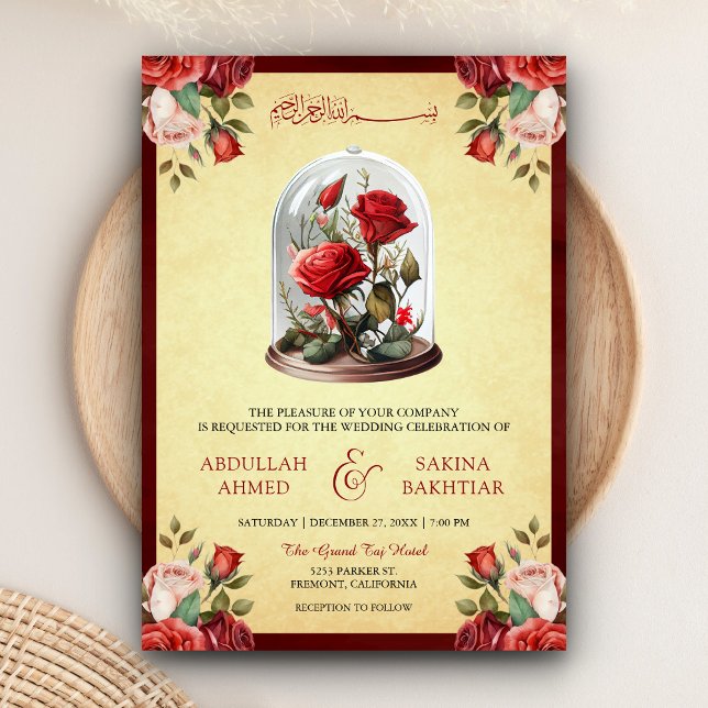 Convite Cúpula de Vidro Rosa Vermelha Código QR Casamento  (Criador carregado)