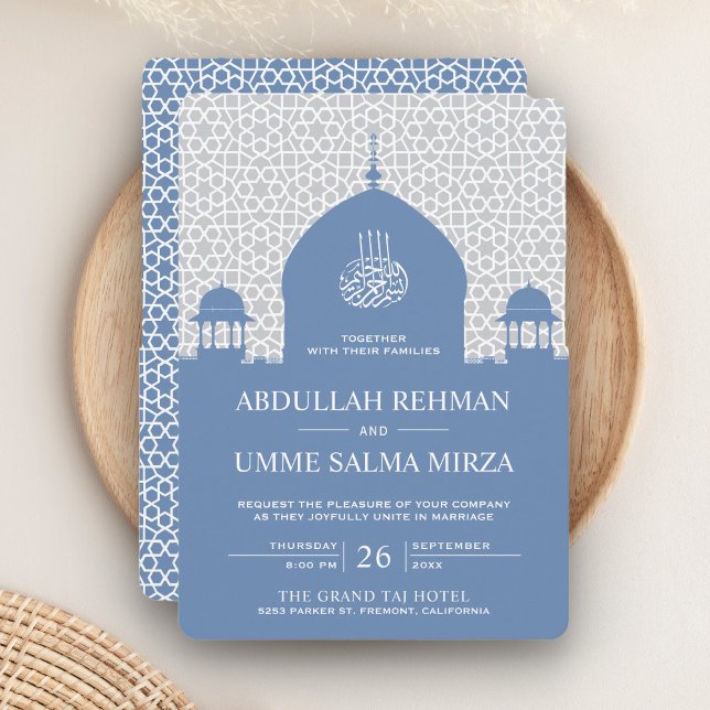 Convite Cúpula Islâmica Azul Pastel Casamento Muçulmano (Criador carregado)