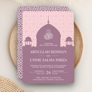 Convite Cúpula Islâmica Rosa Claro e Lilás Casamento Muçul