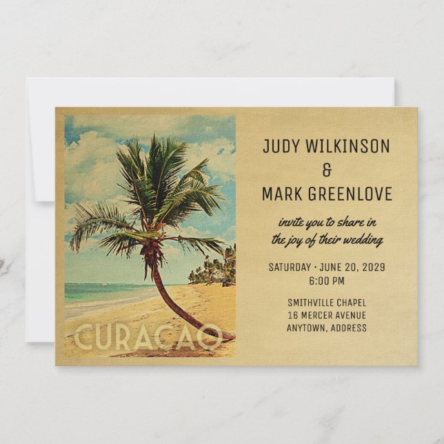 Convite Curacao Weding Invitation Beach Palm Tree (Frente)