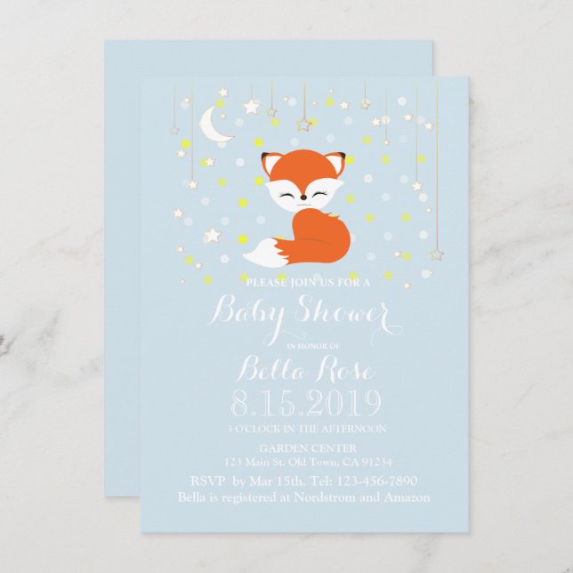 Convite Curioso Kawaii Fox Stars Woodland Chá de fraldas T (Frente/Verso)