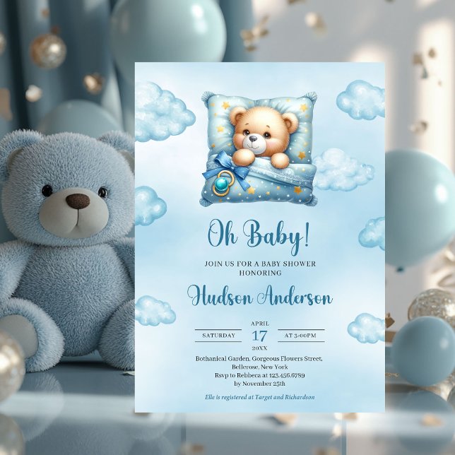 Convite Curioso ursinho-dormindo urso azul marrom (cute sleeping teddy bear - boy baby shower invitation heart shaped font)