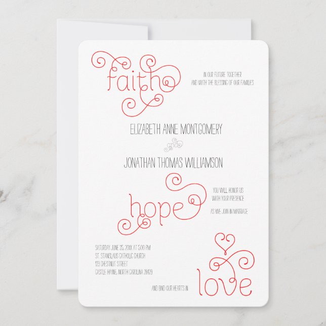 Convite Curly Red Script Faith Hope Casamento de Amor (Frente)