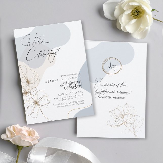 Convite Cursive Floral 60º aniversário Dusty Blue ID1168 (Criador carregado)