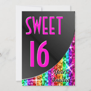 Convite Curva preta Glitz Rainbow Stripe "Sweet 16"