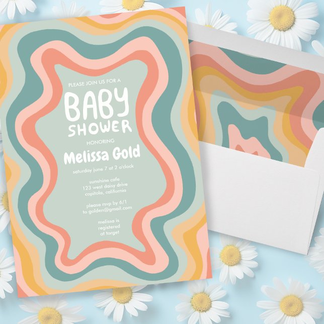 Convite Curvas de Pastel do Groovy do chá de fraldas PERSO (Colorful pastel curves baby shower custom invitation with matching envelopes too!)