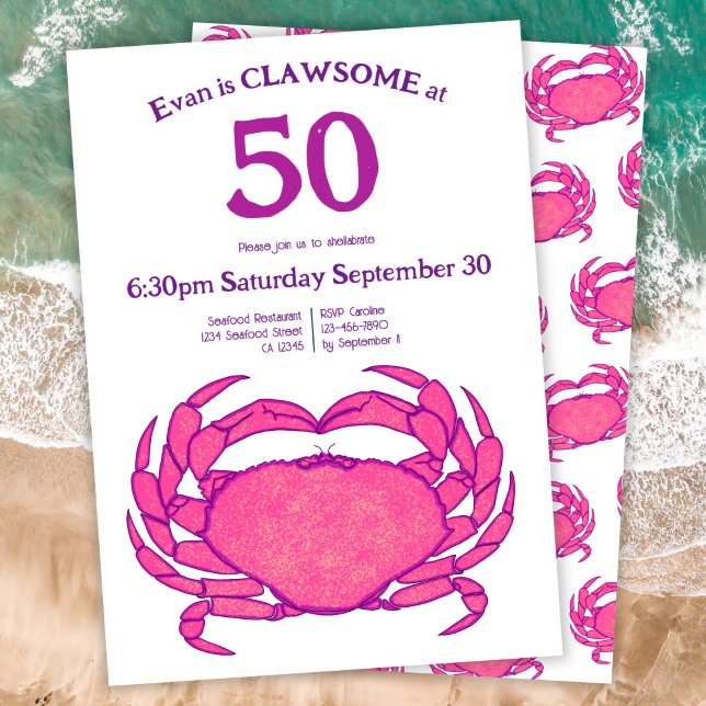 Convite Custom 50th Birthday Bold Pink Crab Seafood Pun (Criador carregado)