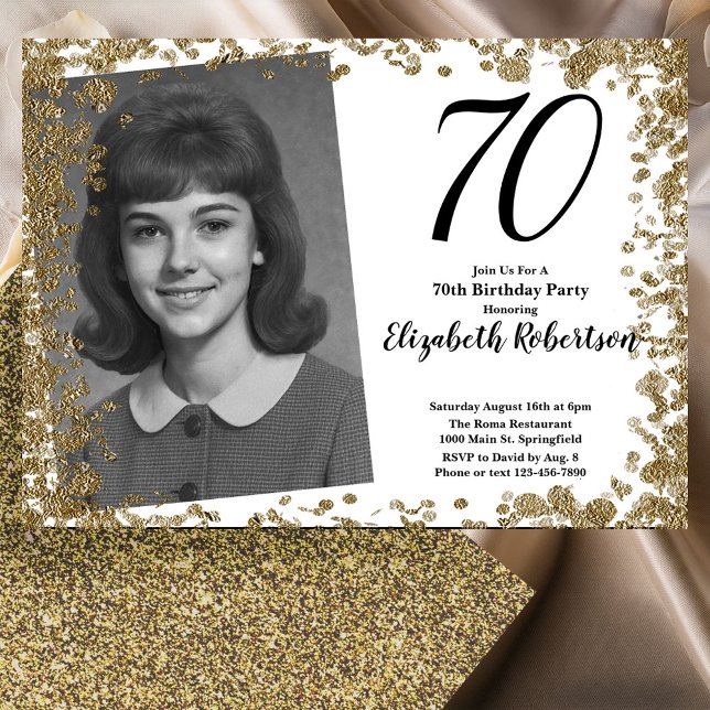 Convite Custom 70th Photo Black and Gold Sequins (Criador carregado)