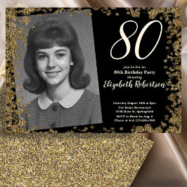 Convite Custom 80th Photo Black and Gold Sequins