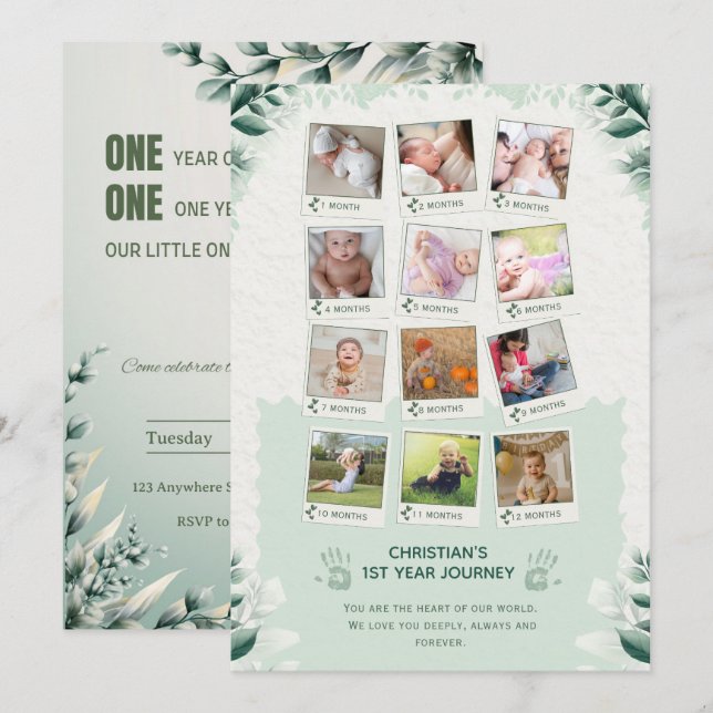 Convite Custom Baby’s 1st Year Journey Photo Collage (Frente/Verso)